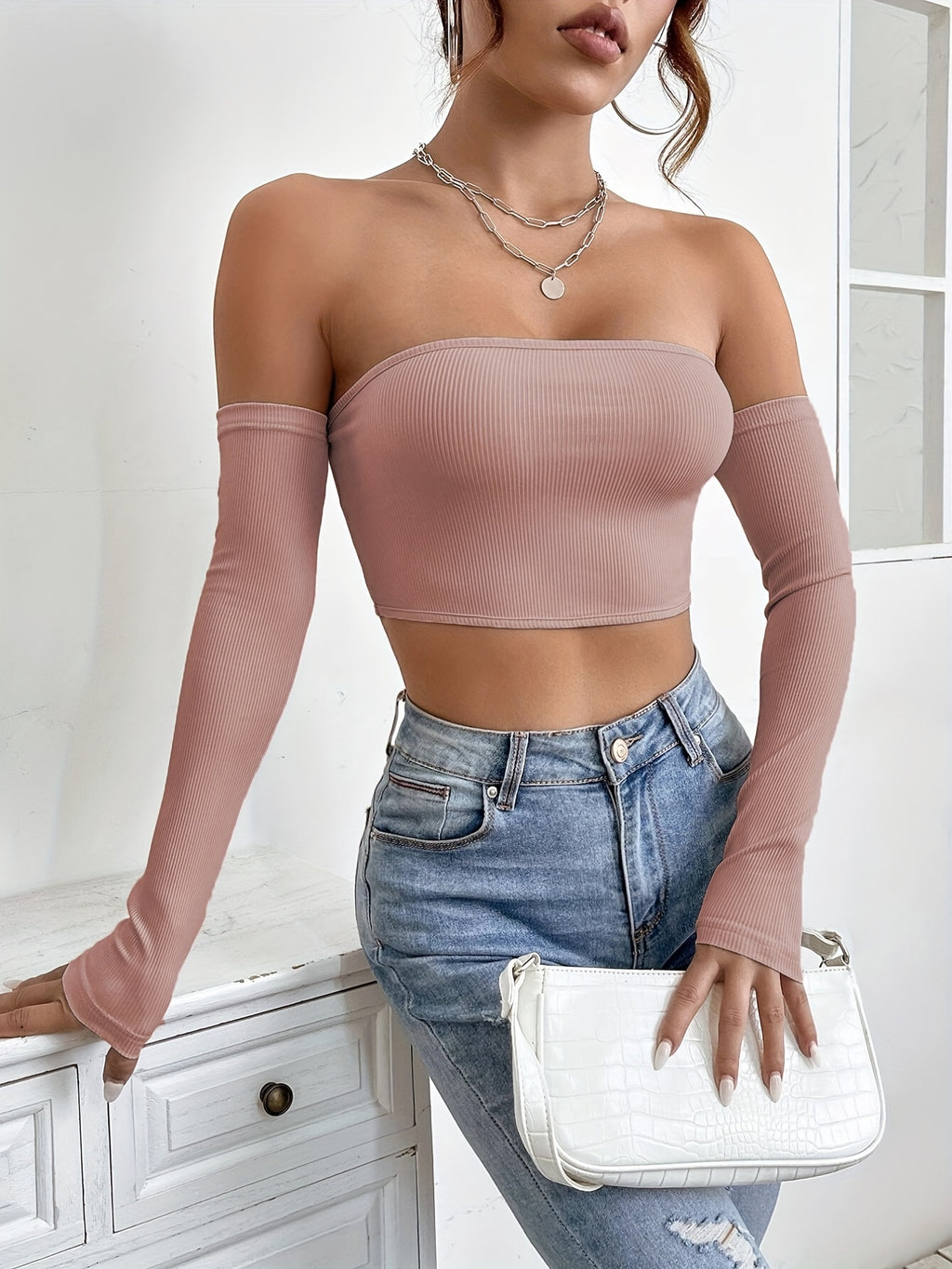 Women's Off-Shoulder Short Crop Top - Slim-Fit Sleeve Stretchy Shirt, Solid Black All-Season Versatile Top for Casual & Formal Outfits, Machine Washable Elegant Women's Fashion Apparel