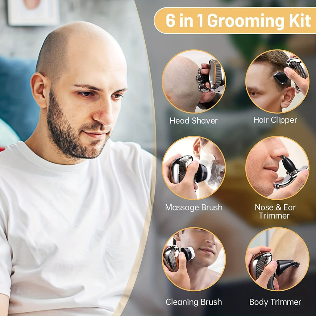Men'S Electric Head Shaver Razor - Rechargeable Cordless Hair Shaving Razors for Bald Man 6in 1 Wet Dry Beard Trimmer Body Hair Cutting Clipper Grooming Kit 7 Rotary Heads (Gray), USB Charging, Lithium Battery, 6-in-1 Multi-F