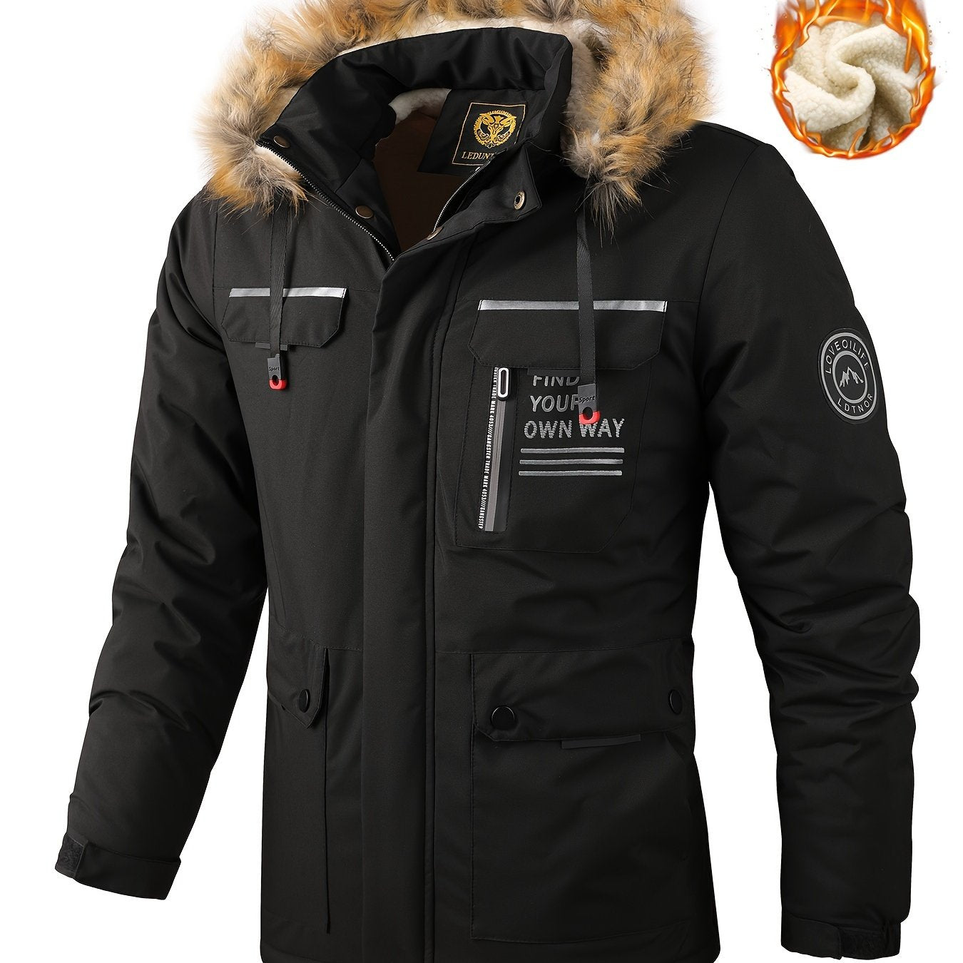 Men'S Winter Windbreaker Jacket with Warm Hood - Maroon Zip-Up Outdoor Coat, Stand Collar, Multiple Pockets, Casual Sporty Design for Cold Weather, Winter Jacket