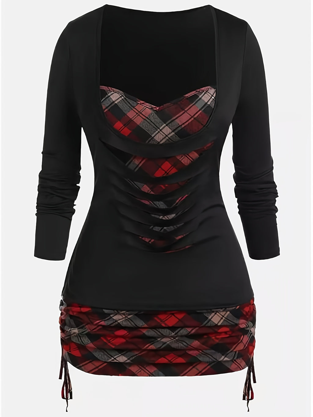 Plaid Print Deep V Neck Long Sleeve T-shirt, Casual Autumn & Winter Stylish T-shirt, Women's Clothing