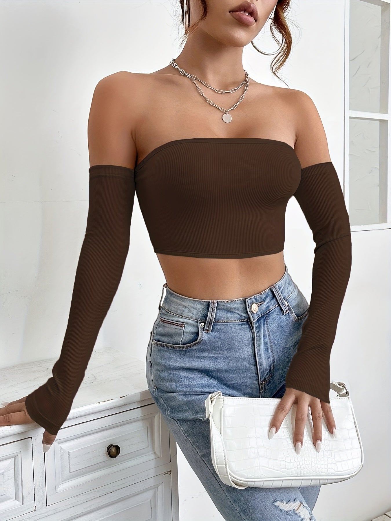 Women's Off-Shoulder Short Crop Top - Slim-Fit Sleeve Stretchy Shirt, Solid Black All-Season Versatile Top for Casual & Formal Outfits, Machine Washable Elegant Women's Fashion Apparel