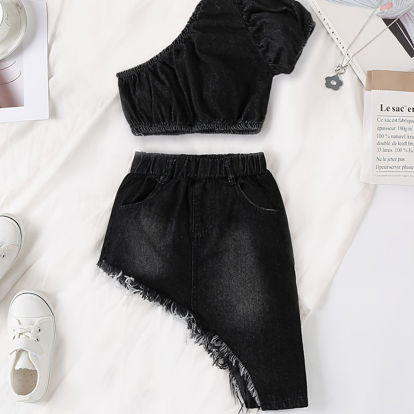 Girls Chic Denim Outfit - Premium Fabric, Slant Shoulder Top, Irregular Raw Hem Skirt, Complete Set for Girls - Trendy and Comfortable Denim Set for Everyday Wear