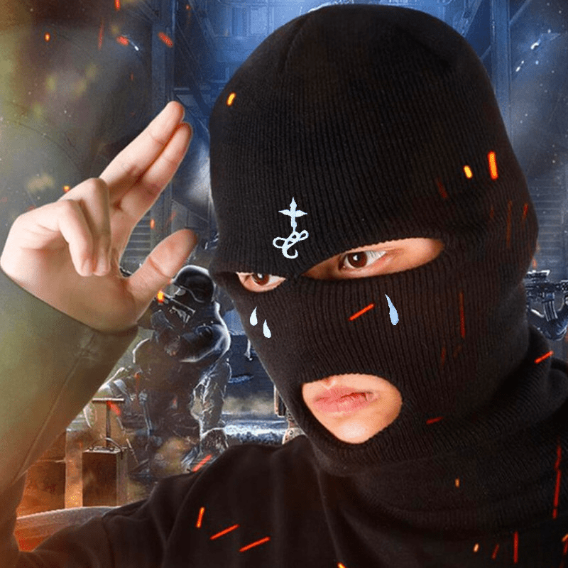 Winter Warmth Knit Beanie - 3-Hole Full Face Cover, Cross Embroidery, Breathable, Moisture-Wicking, Thermal, Soft, Stretchy, Unisex Ski Mask Balaclava Hat for Outdoor Sports and Activities