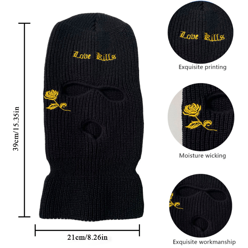 Winter Warmth Knit Beanie - 3-Hole Full Face Cover, Cross Embroidery, Breathable, Moisture-Wicking, Thermal, Soft, Stretchy, Unisex Ski Mask Balaclava Hat for Outdoor Sports and Activities