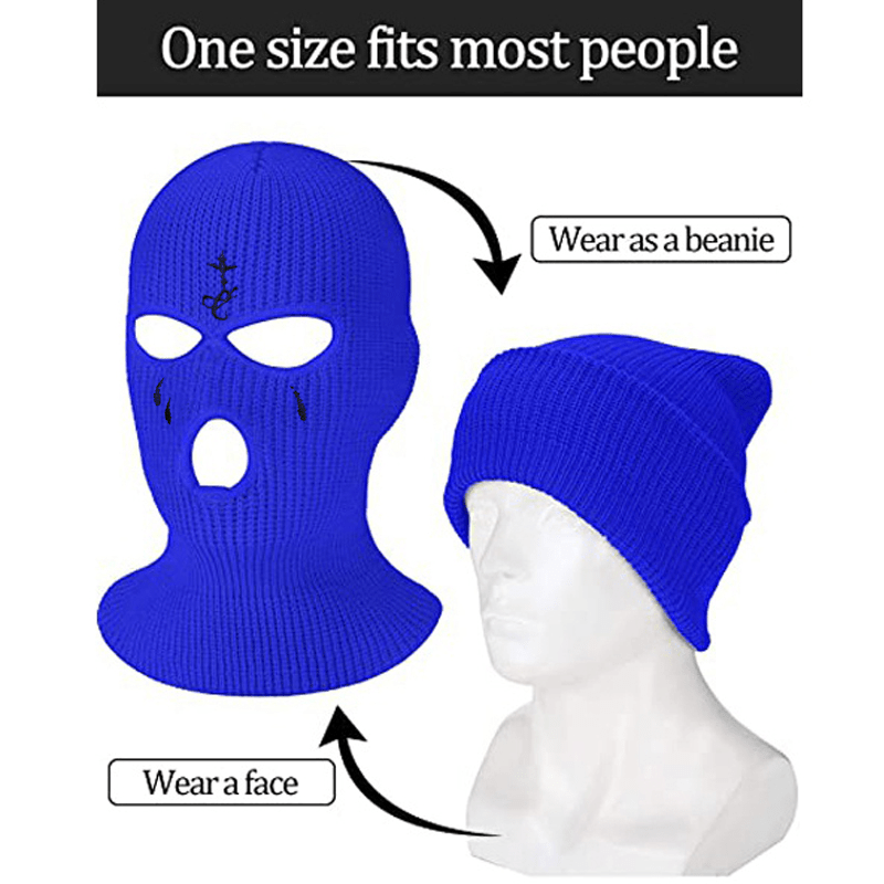 Winter Warmth Knit Beanie - 3-Hole Full Face Cover, Cross Embroidery, Breathable, Moisture-Wicking, Thermal, Soft, Stretchy, Unisex Ski Mask Balaclava Hat for Outdoor Sports and Activities