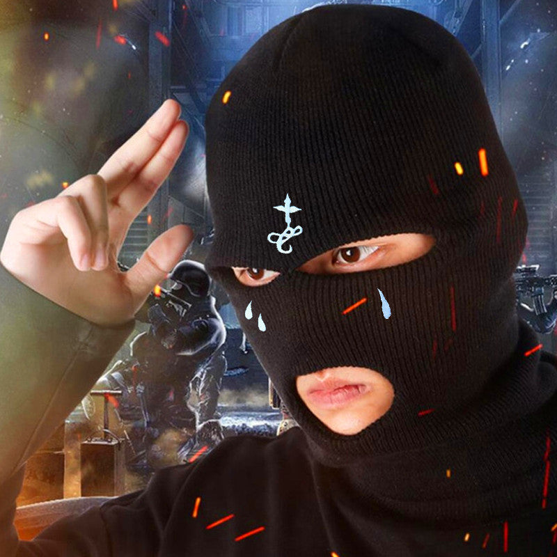 Winter Warmth Knit Beanie - 3-Hole Full Face Cover, Cross Embroidery, Breathable, Moisture-Wicking, Thermal, Soft, Stretchy, Unisex Ski Mask Balaclava Hat for Outdoor Sports and Activities