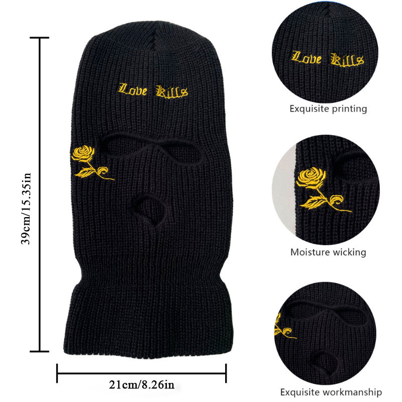 Winter Warmth Knit Beanie - 3-Hole Full Face Cover, Cross Embroidery, Breathable, Moisture-Wicking, Thermal, Soft, Stretchy, Unisex Ski Mask Balaclava Hat for Outdoor Sports and Activities