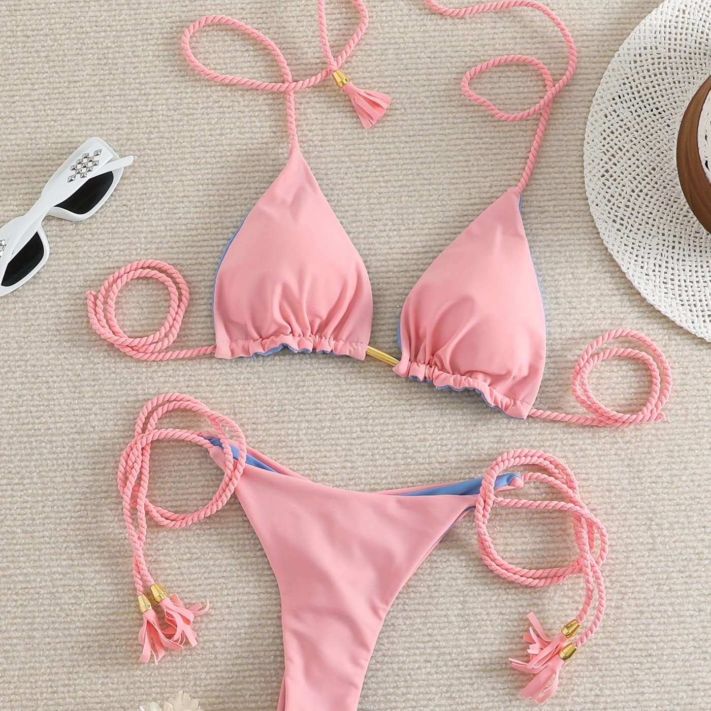 Triangle Halter Neck Bikini Sets, V Neck Tie Back Tie Side Backless High Cut Two Pieces Swimsuit, Women's Swimwear & Clothing Koningsdag/King's Day