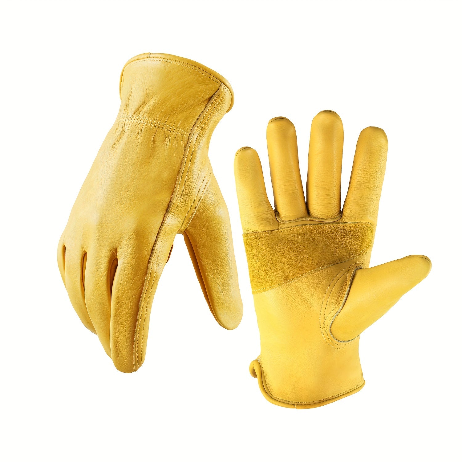 1 Pair Of Flex Grip Leather Work Gloves, Stretchable Wrist Tough Cowhide Working Gloves (Yellow)