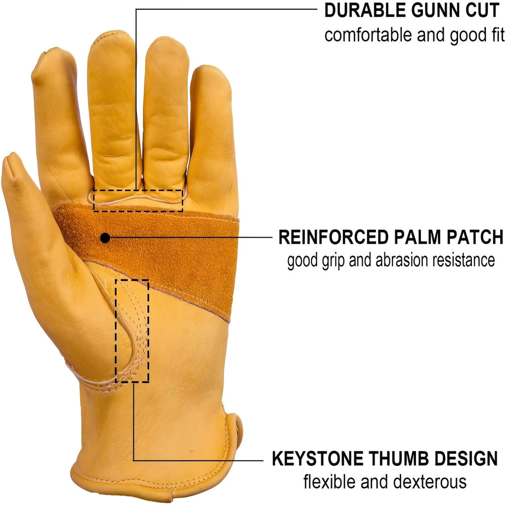 1 Pair Of Flex Grip Leather Work Gloves, Stretchable Wrist Tough Cowhide Working Gloves (Yellow)