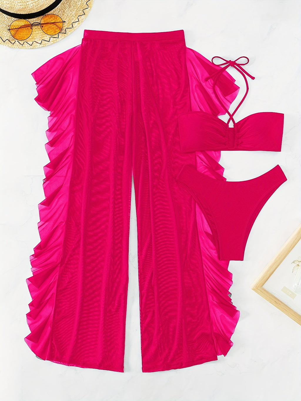 Pure Black Sexy Semi-Sheer Fashion Ruched Crisscross Strap Mesh Panty Bikini Set for Women