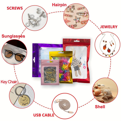 100-Pack Holographic Zipper Lock Resealable Bags, Moisture-Proof Aluminum Foil Polyester Film Flat Transparent Window Pouch for Electronics/Jewelry/Cosmetics Organization, 4 Size Options, Non-food contact