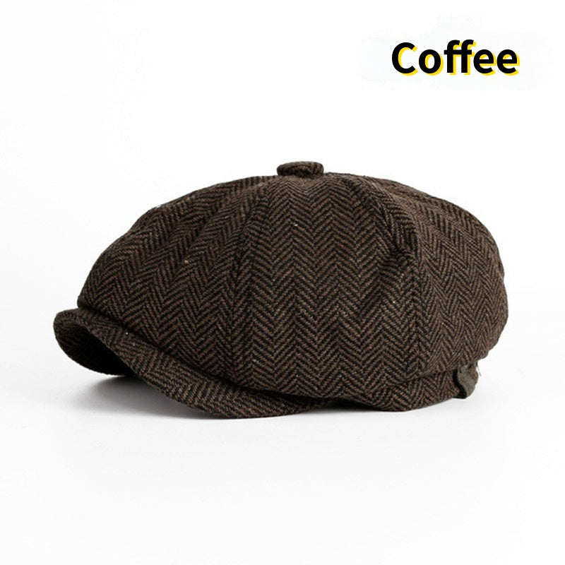 Men's Retro Beret Mafia Movie Cosplay Wool Blend Vintage Herringbone Tweed Casual Newsboy Hat Flat Cap
