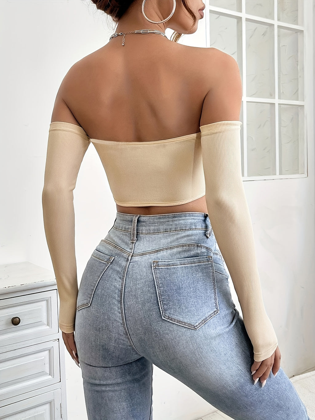 Women's Off-Shoulder Short Crop Top - Slim-Fit Sleeve Stretchy Shirt, Solid Black All-Season Versatile Top for Casual & Formal Outfits, Machine Washable Elegant Women's Fashion Apparel