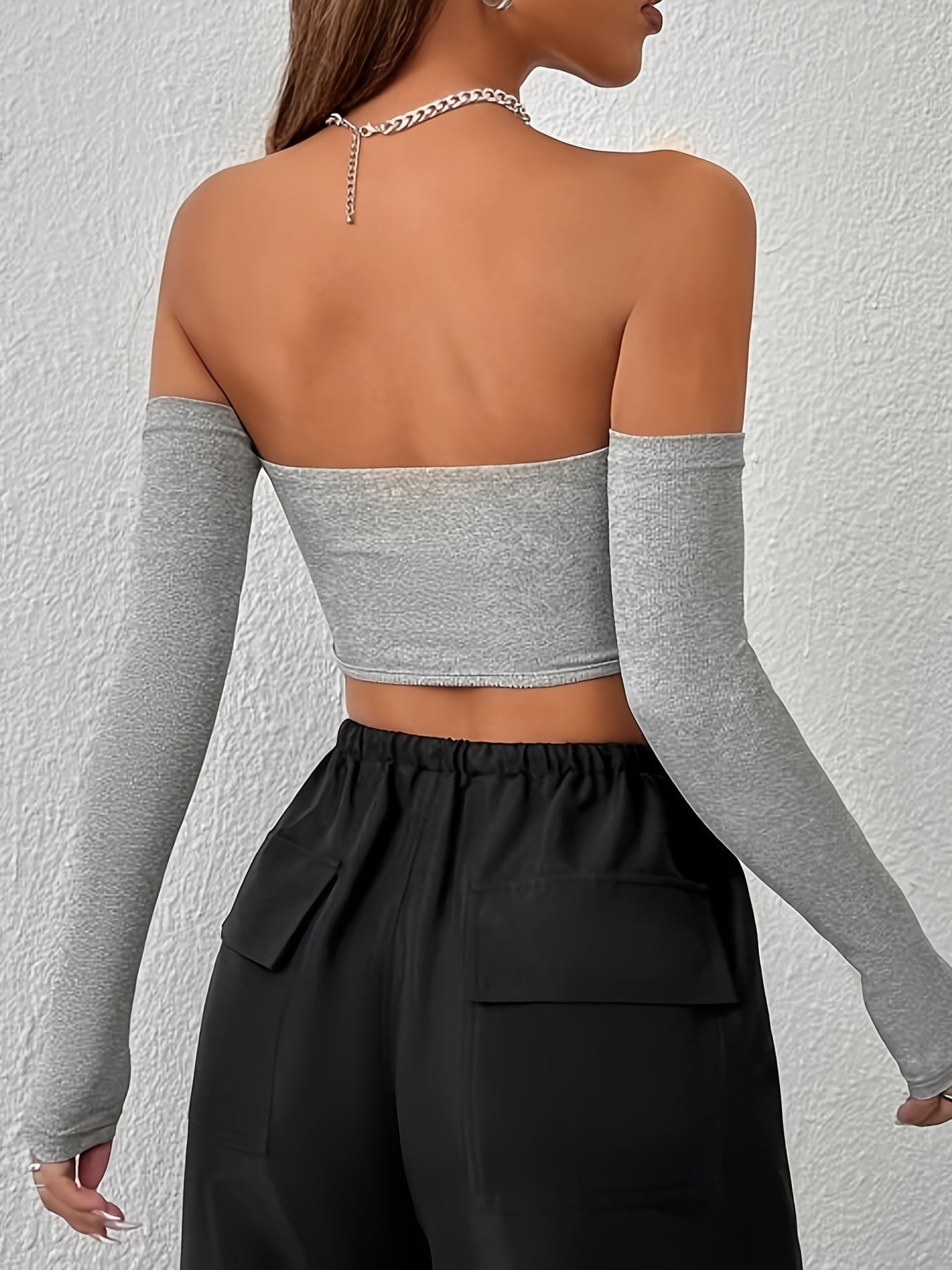 Women's Off-Shoulder Short Crop Top - Slim-Fit Sleeve Stretchy Shirt, Solid Black All-Season Versatile Top for Casual & Formal Outfits, Machine Washable Elegant Women's Fashion Apparel