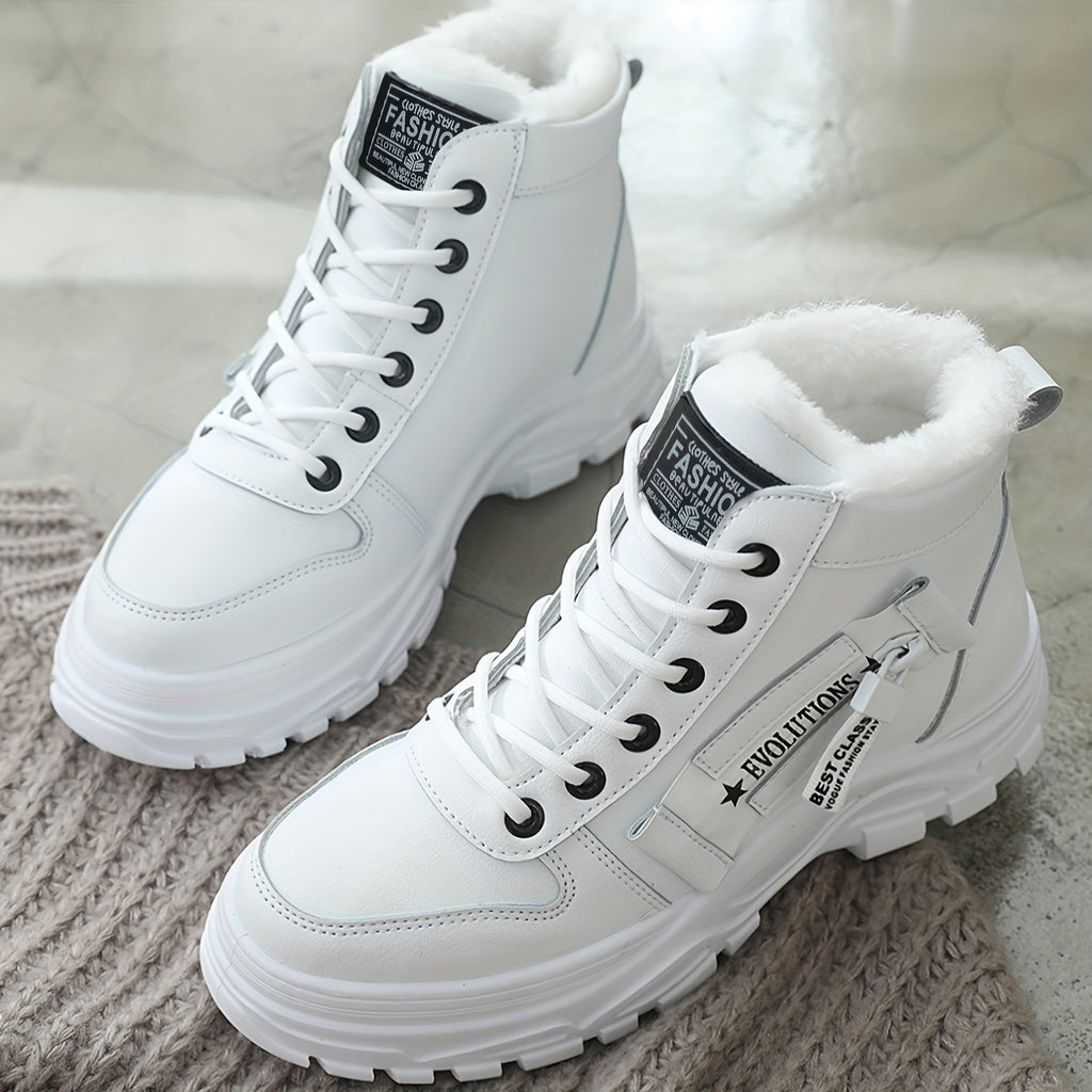 Women'S Winter High-Top Boots - Warm Fleece-Lined Ankle Boots with Thick Rubber Sole, Lace-Up Casual Style, White & Beige, Perfect for Cold Weather Comfort, Winter Boots