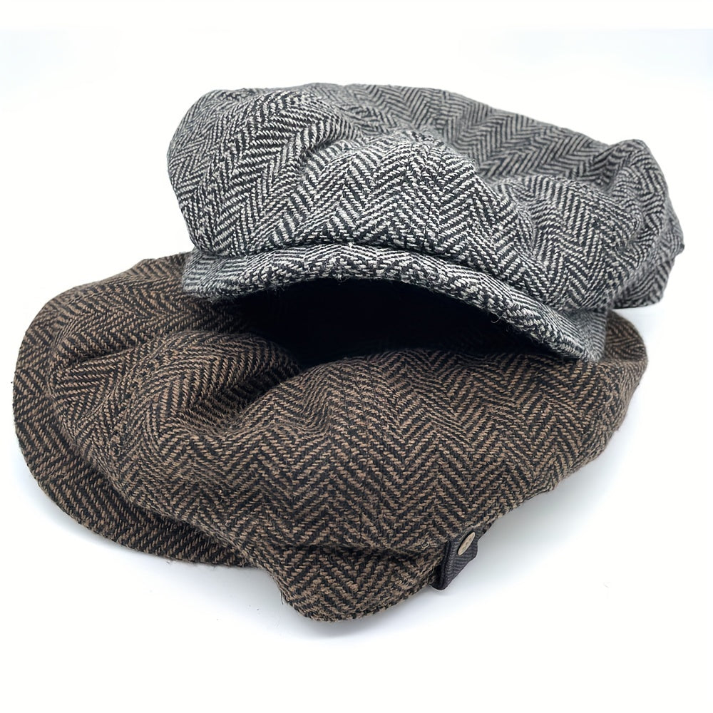 Men's Retro Beret Mafia Movie Cosplay Wool Blend Vintage Herringbone Tweed Casual Newsboy Hat Flat Cap