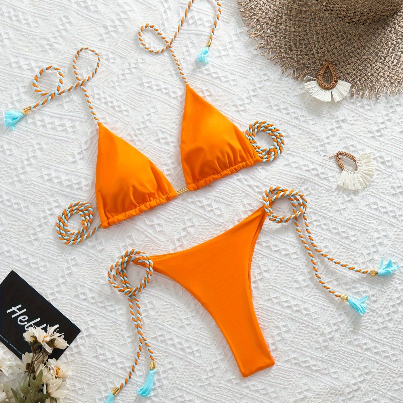 Triangle Halter Neck Bikini Sets, V Neck Tie Back Tie Side Backless High Cut Two Pieces Swimsuit, Women's Swimwear & Clothing Koningsdag/King's Day