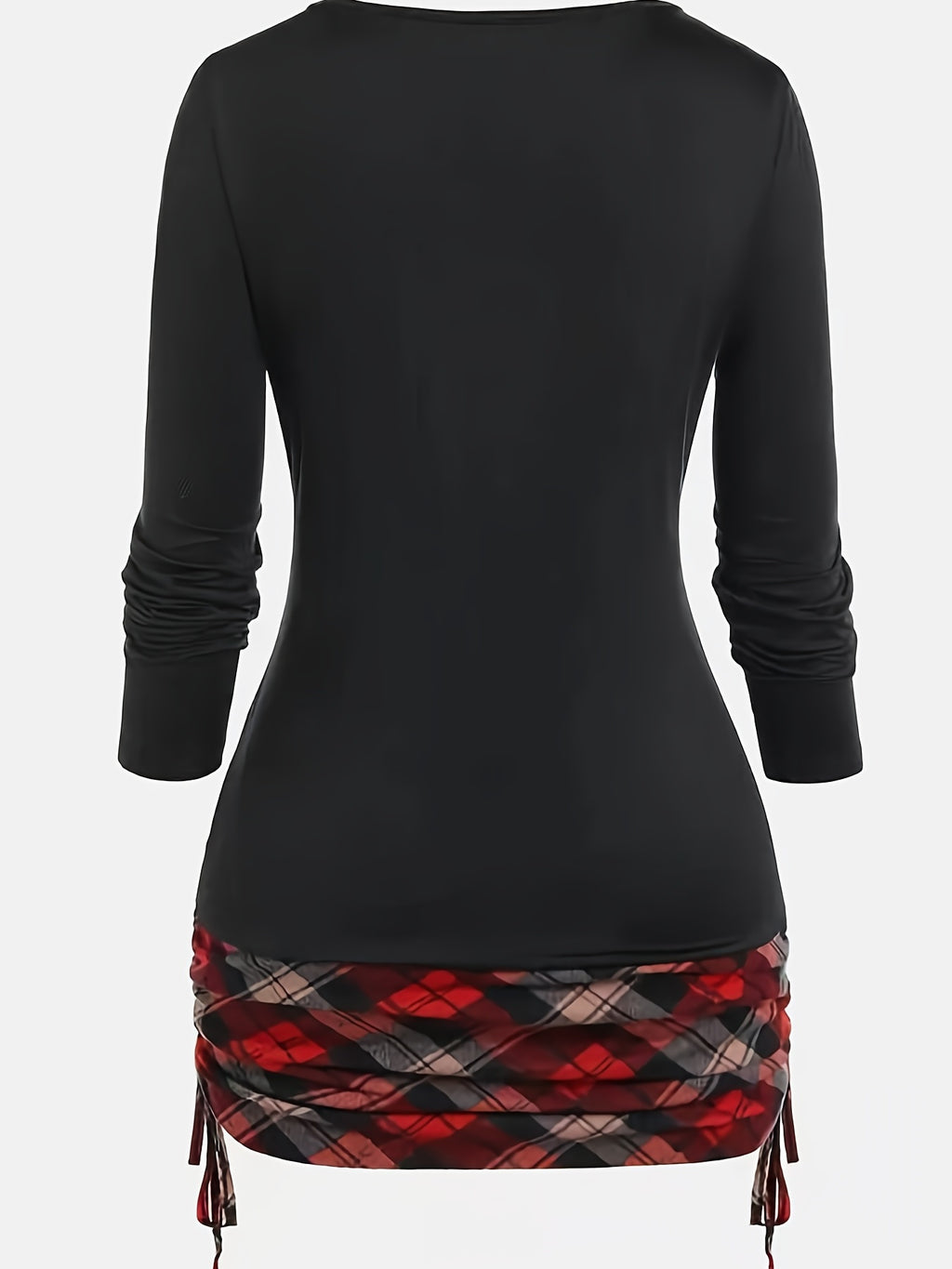 Plaid Print Deep V Neck Long Sleeve T-shirt, Casual Autumn & Winter Stylish T-shirt, Women's Clothing