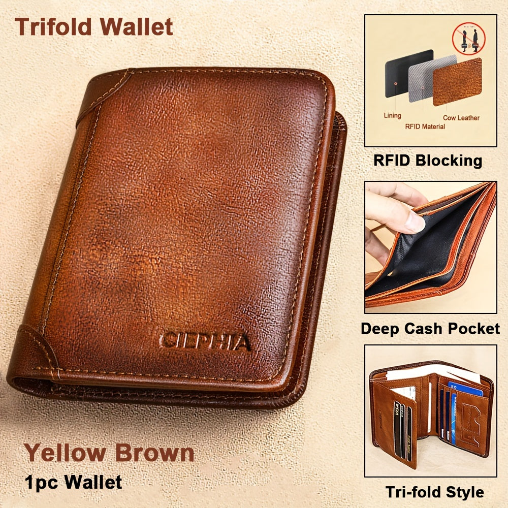 1pc Genuine Leather Rfid Blocking Wallets For Men, Retro Thin Short Multi-functional ID Credit Card Holder, Gifts To Men On Valentine's Day