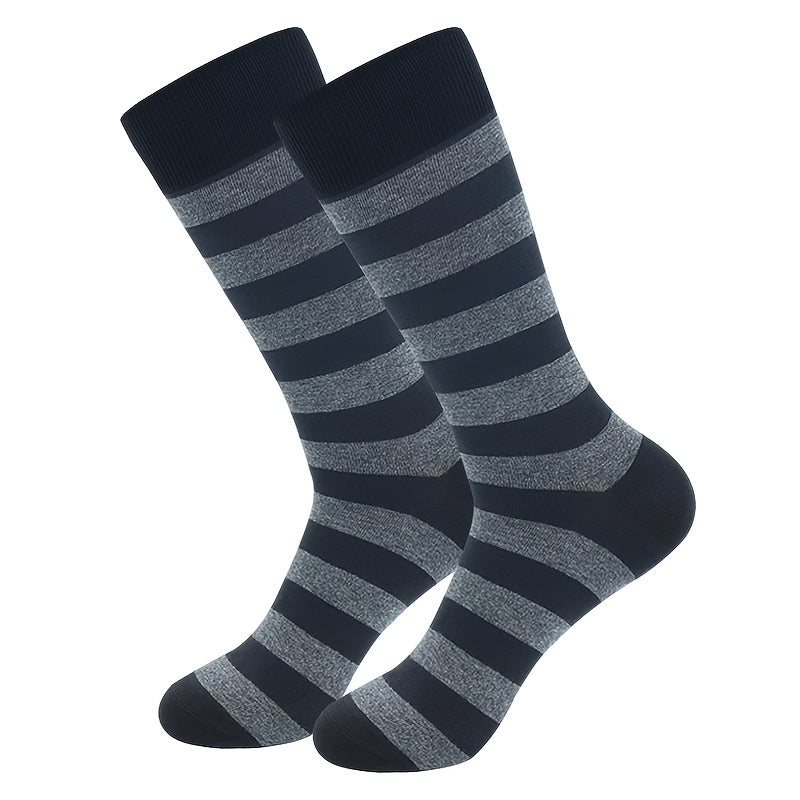 5 Pairs Men's Breathable Dress Crew Socks - Moisture-Wicking, Ribbed Texture, Striped & Solid Colors (Black, Gray, Dark Gray, Light Blue) for Business & Formal Wear, Fits Shoe Sizes 8.5-14