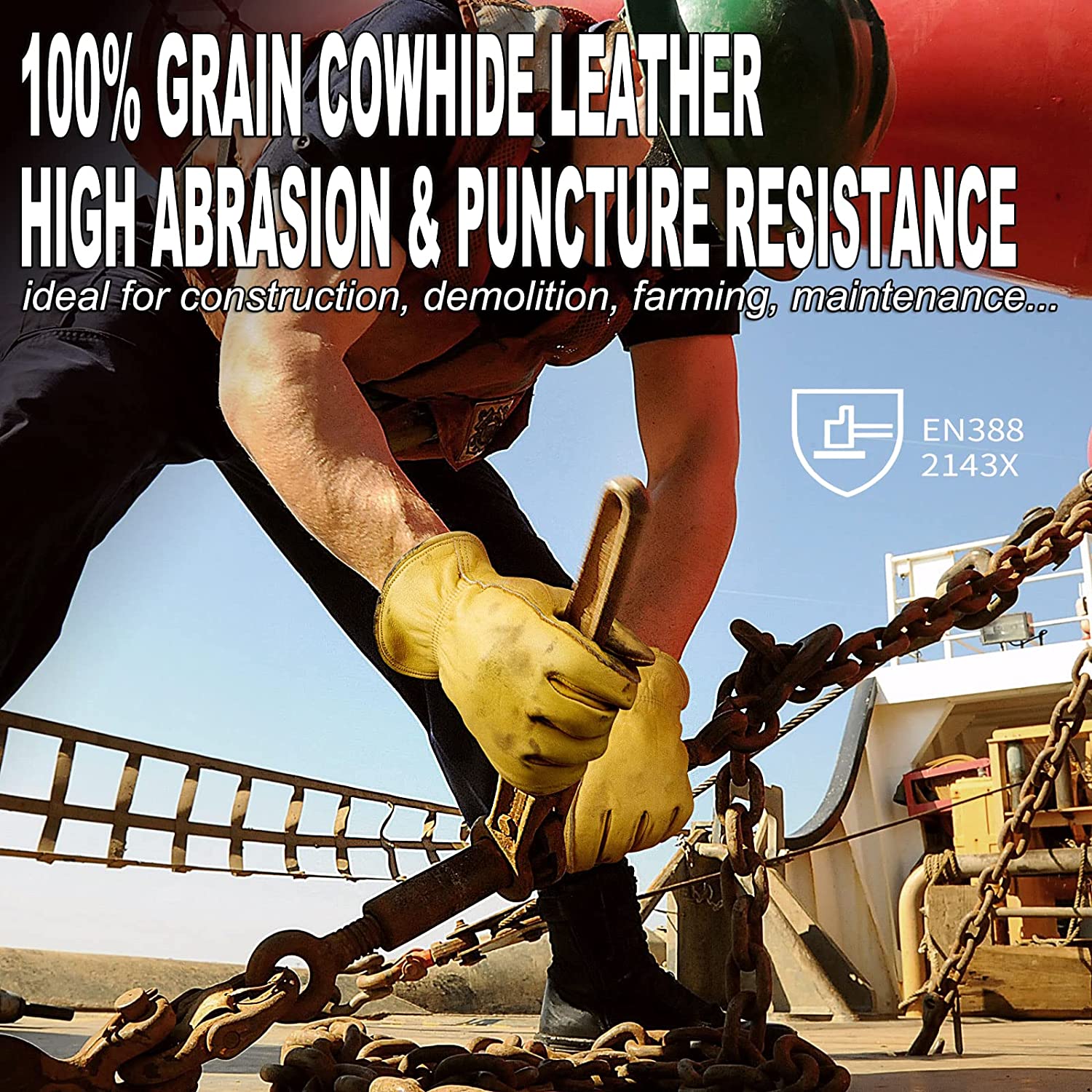 1 Pair Of Flex Grip Leather Work Gloves, Stretchable Wrist Tough Cowhide Working Gloves (Yellow)