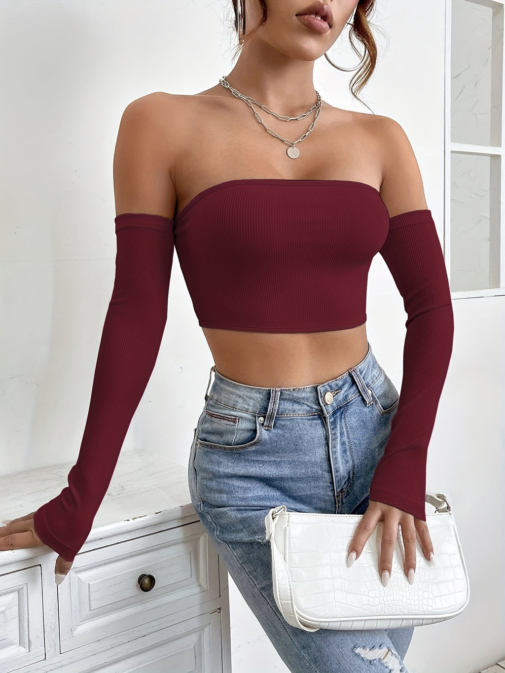 Women's Off-Shoulder Short Crop Top - Slim-Fit Sleeve Stretchy Shirt, Solid Black All-Season Versatile Top for Casual & Formal Outfits, Machine Washable Elegant Women's Fashion Apparel