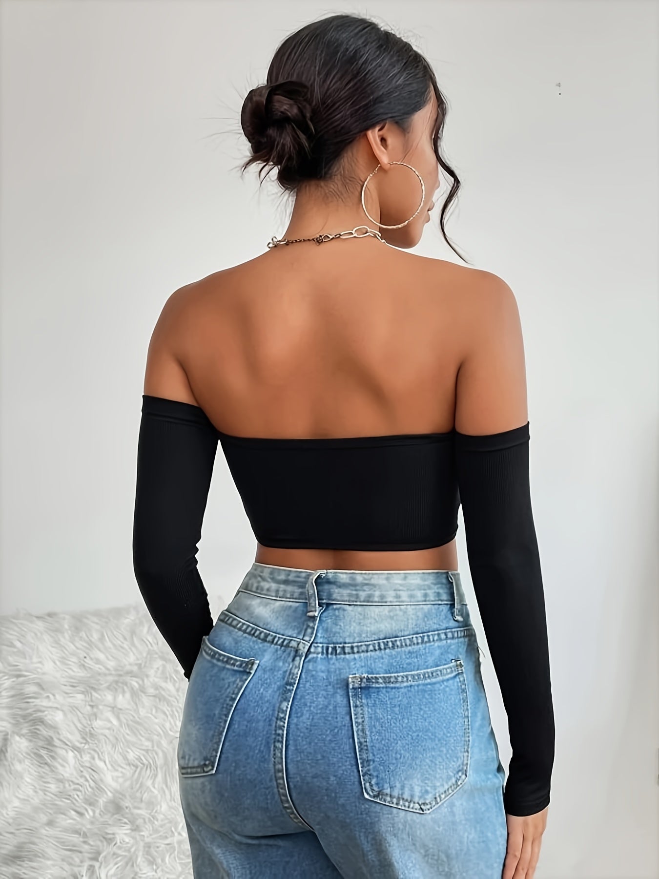 Women's Off-Shoulder Short Crop Top - Slim-Fit Sleeve Stretchy Shirt, Solid Black All-Season Versatile Top for Casual & Formal Outfits, Machine Washable Elegant Women's Fashion Apparel