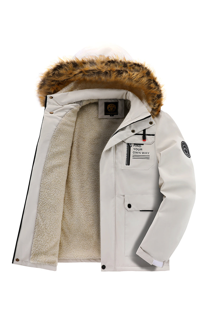 Men'S Winter Windbreaker Jacket with Warm Hood - Maroon Zip-Up Outdoor Coat, Stand Collar, Multiple Pockets, Casual Sporty Design for Cold Weather, Winter Jacket