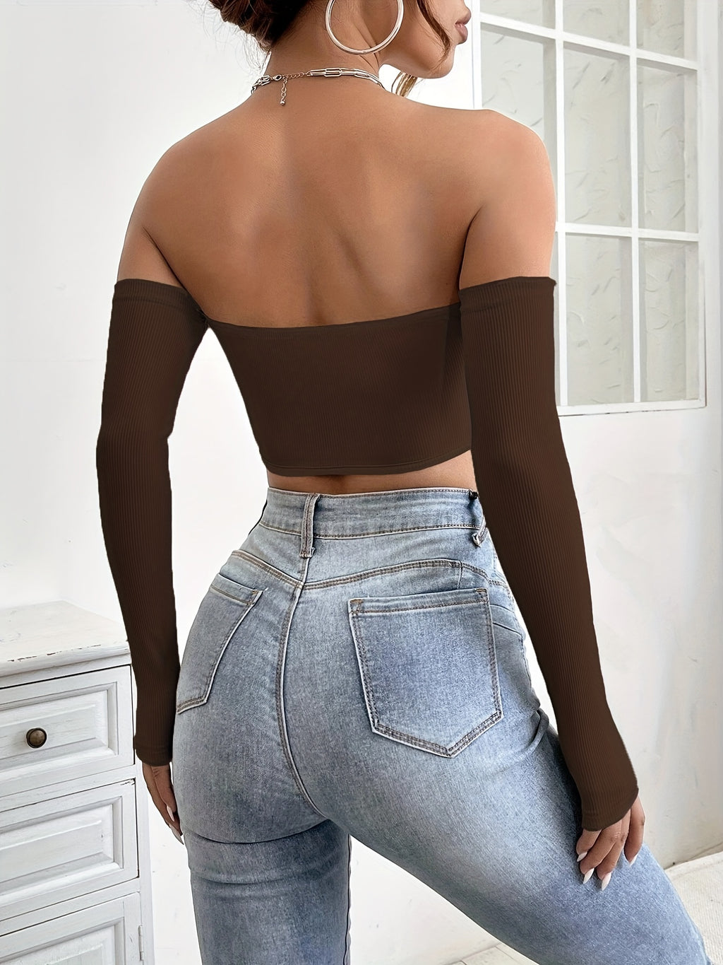 Women's Off-Shoulder Short Crop Top - Slim-Fit Sleeve Stretchy Shirt, Solid Black All-Season Versatile Top for Casual & Formal Outfits, Machine Washable Elegant Women's Fashion Apparel