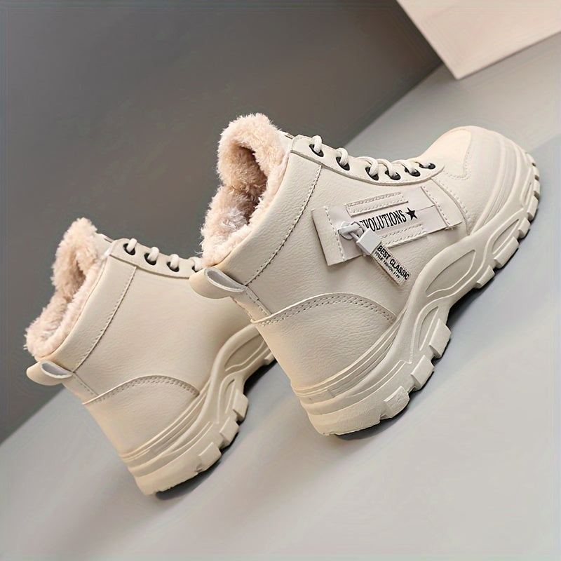 Women'S Winter High-Top Boots - Warm Fleece-Lined Ankle Boots with Thick Rubber Sole, Lace-Up Casual Style, White & Beige, Perfect for Cold Weather Comfort, Winter Boots