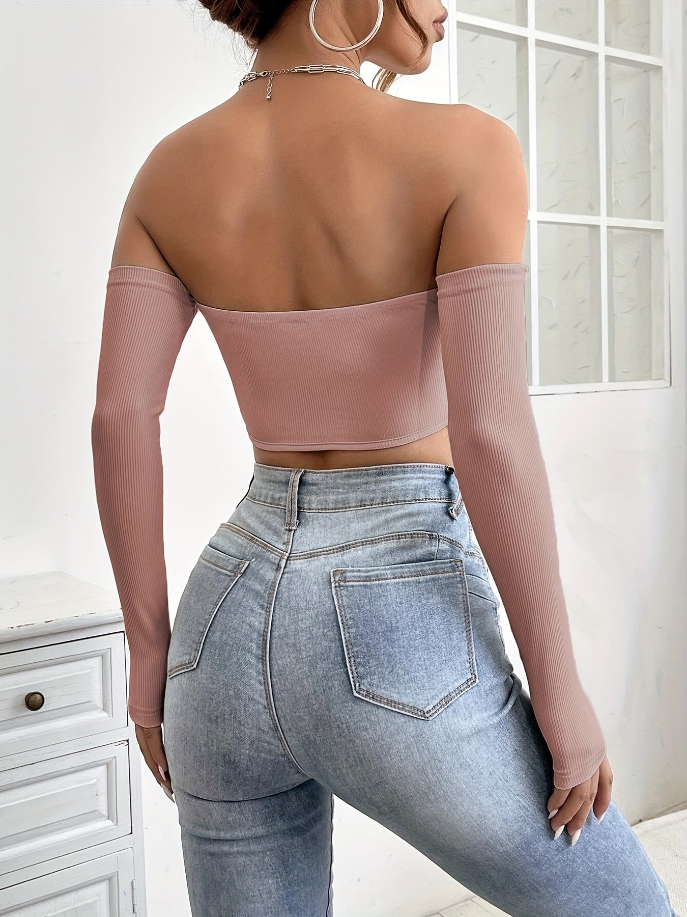 Women's Off-Shoulder Short Crop Top - Slim-Fit Sleeve Stretchy Shirt, Solid Black All-Season Versatile Top for Casual & Formal Outfits, Machine Washable Elegant Women's Fashion Apparel