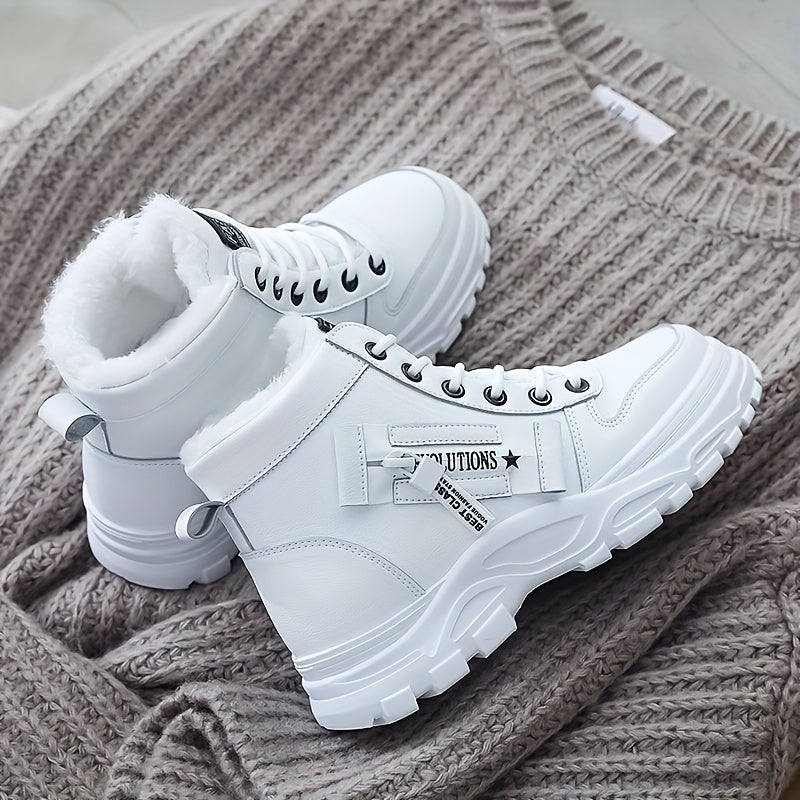 Women'S Winter High-Top Boots - Warm Fleece-Lined Ankle Boots with Thick Rubber Sole, Lace-Up Casual Style, White & Beige, Perfect for Cold Weather Comfort, Winter Boots