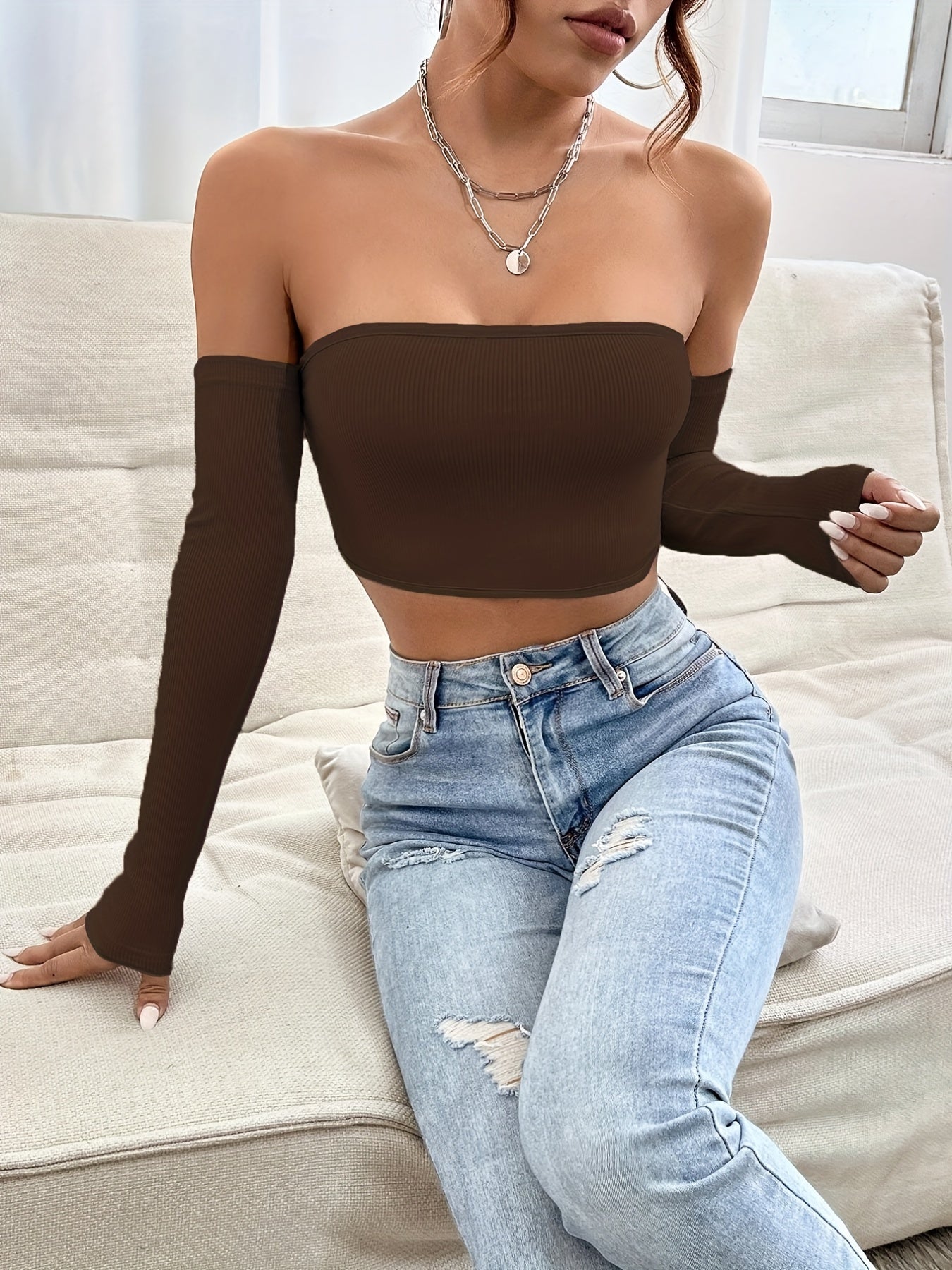 Women's Off-Shoulder Short Crop Top - Slim-Fit Sleeve Stretchy Shirt, Solid Black All-Season Versatile Top for Casual & Formal Outfits, Machine Washable Elegant Women's Fashion Apparel