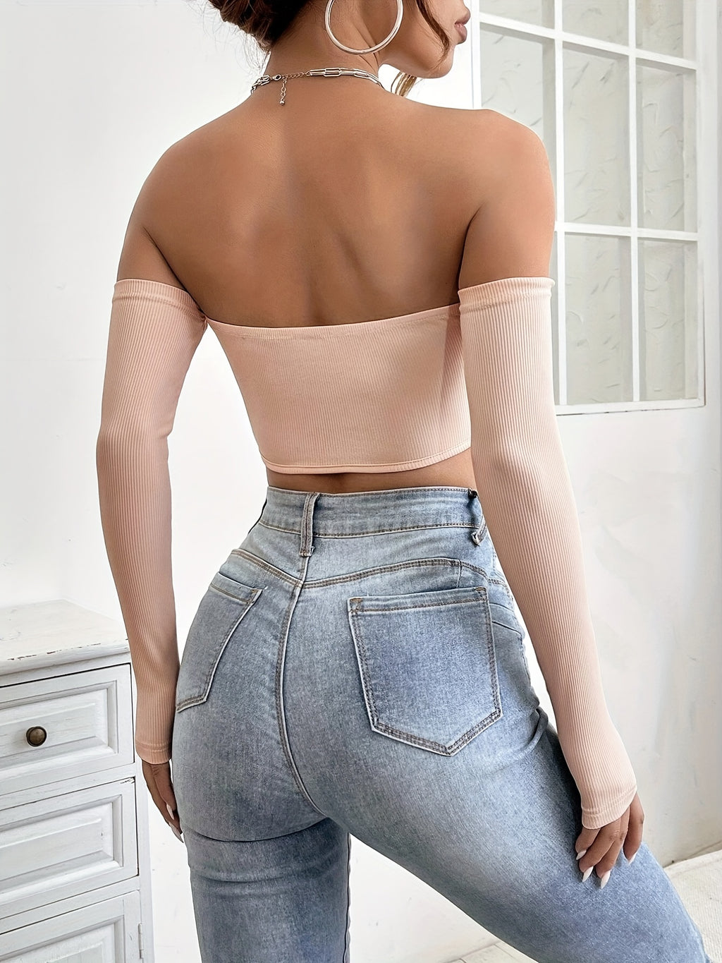 Women's Off-Shoulder Short Crop Top - Slim-Fit Sleeve Stretchy Shirt, Solid Black All-Season Versatile Top for Casual & Formal Outfits, Machine Washable Elegant Women's Fashion Apparel