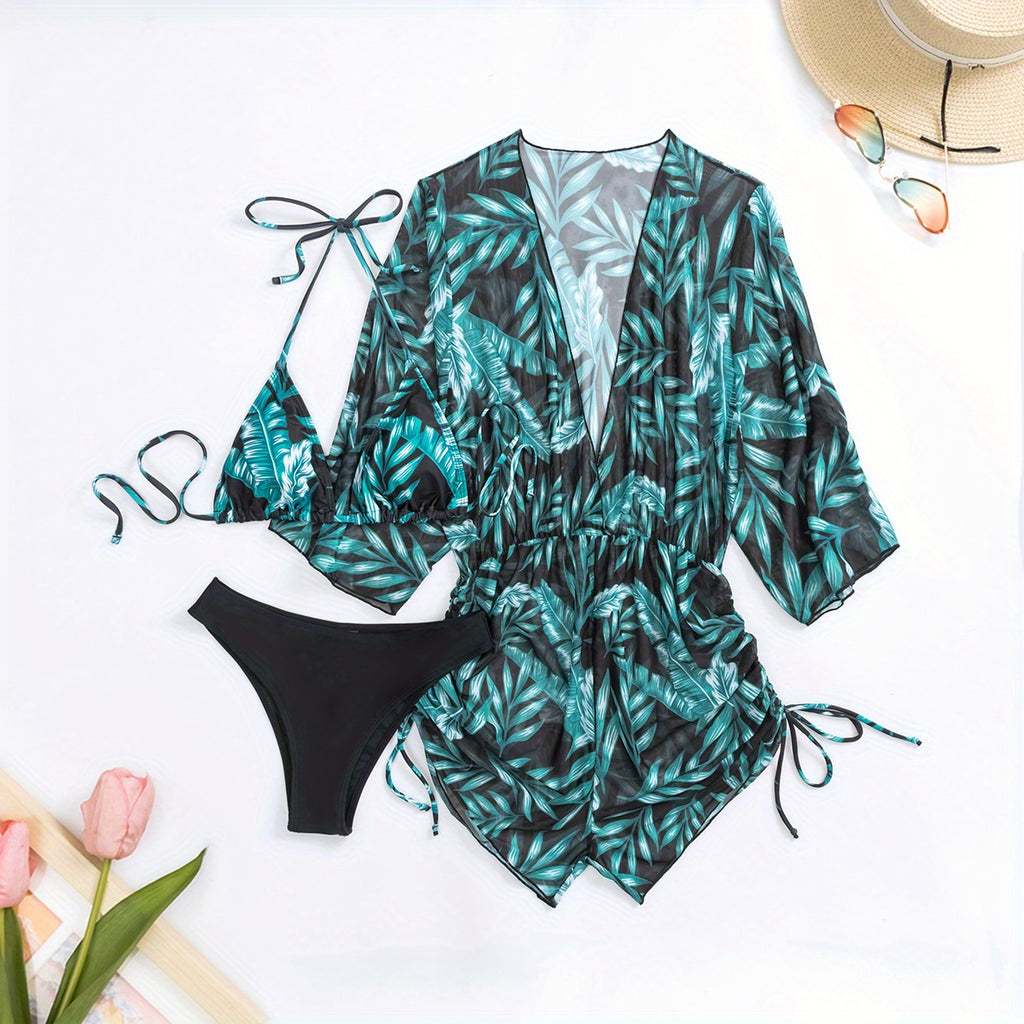 3-Piece Leaf Plant Print Bikini Sets, Triangle Halter Neck High Cut With Sheer Cover Up Drawstring Overall Swimsuit, Women's Swimwear & Clothing for Koningsdag/King's Day