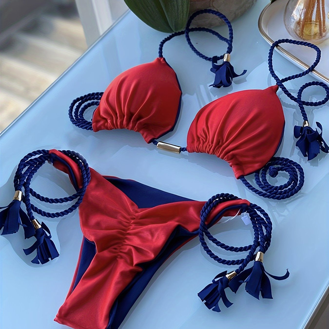 Triangle Halter Neck Bikini Sets, V Neck Tie Back Tie Side Backless High Cut Two Pieces Swimsuit, Women's Swimwear & Clothing Koningsdag/King's Day