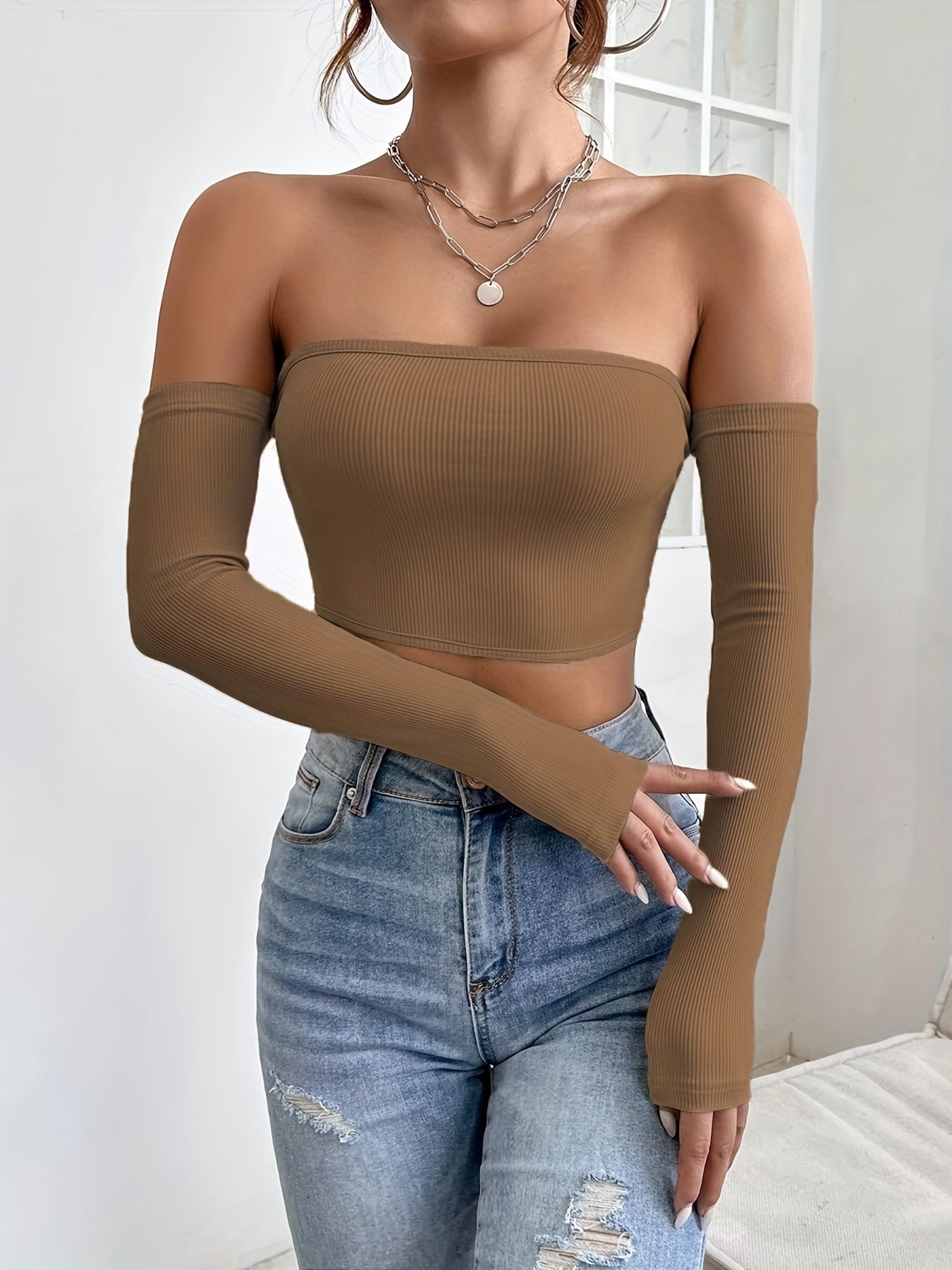 Women's Off-Shoulder Short Crop Top - Slim-Fit Sleeve Stretchy Shirt, Solid Black All-Season Versatile Top for Casual & Formal Outfits, Machine Washable Elegant Women's Fashion Apparel