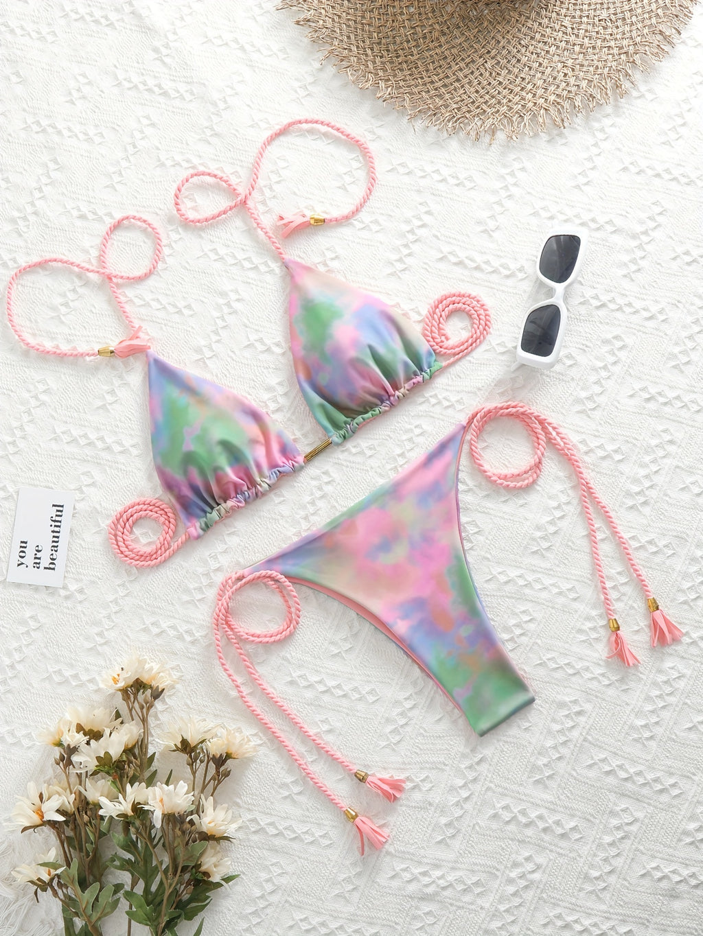 Triangle Halter Neck Bikini Sets, V Neck Tie Back Tie Side Backless High Cut Two Pieces Swimsuit, Women's Swimwear & Clothing Koningsdag/King's Day