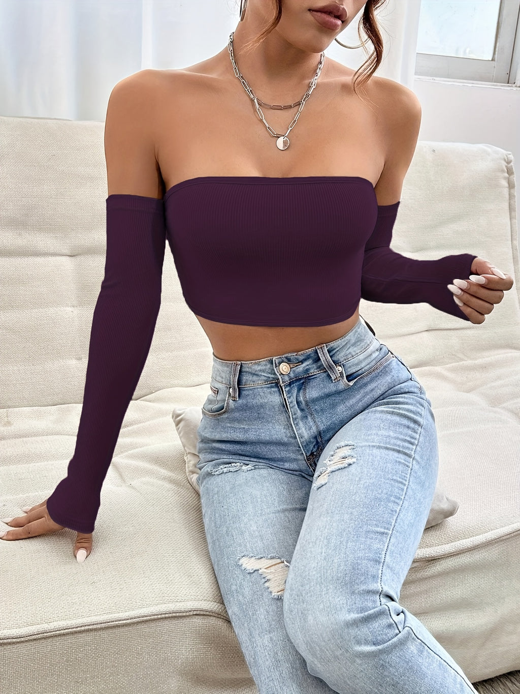 Women's Off-Shoulder Short Crop Top - Slim-Fit Sleeve Stretchy Shirt, Solid Black All-Season Versatile Top for Casual & Formal Outfits, Machine Washable Elegant Women's Fashion Apparel