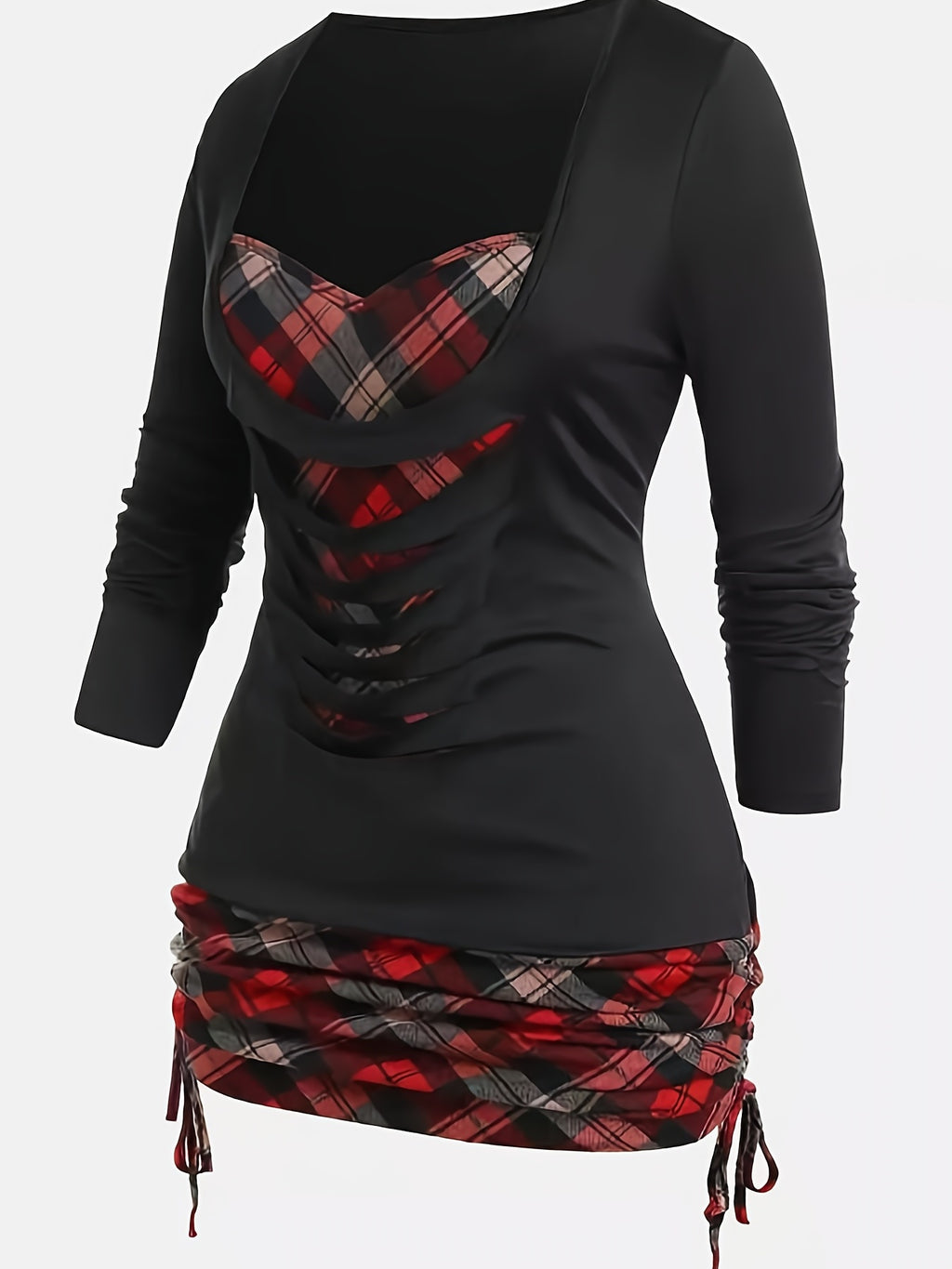 Plaid Print Deep V Neck Long Sleeve T-shirt, Casual Autumn & Winter Stylish T-shirt, Women's Clothing