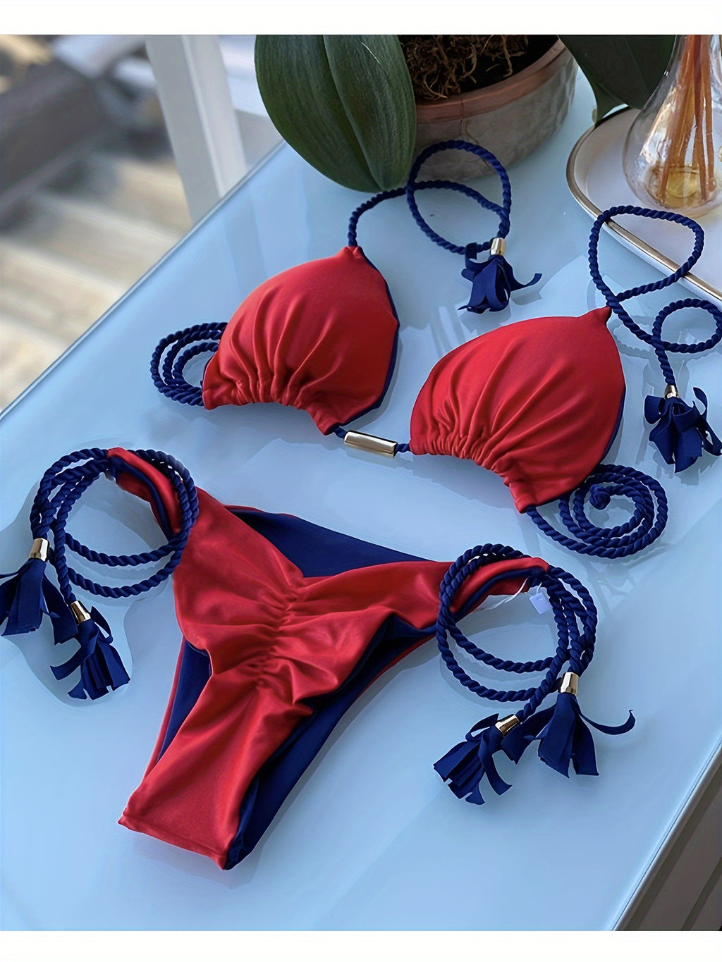 Triangle Halter Neck Bikini Sets, V Neck Tie Back Tie Side Backless High Cut Two Pieces Swimsuit, Women's Swimwear & Clothing Koningsdag/King's Day