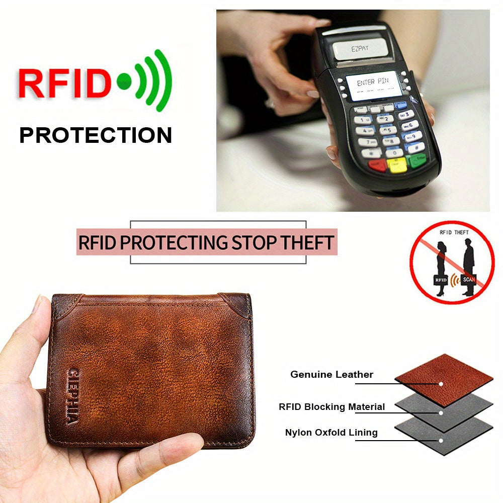 1pc Genuine Leather Rfid Blocking Wallets For Men, Retro Thin Short Multi-functional ID Credit Card Holder, Gifts To Men On Valentine's Day