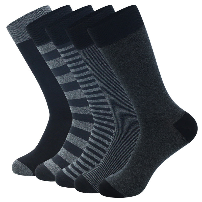 5 Pairs Men's Breathable Dress Crew Socks - Moisture-Wicking, Ribbed Texture, Striped & Solid Colors (Black, Gray, Dark Gray, Light Blue) for Business & Formal Wear, Fits Shoe Sizes 8.5-14