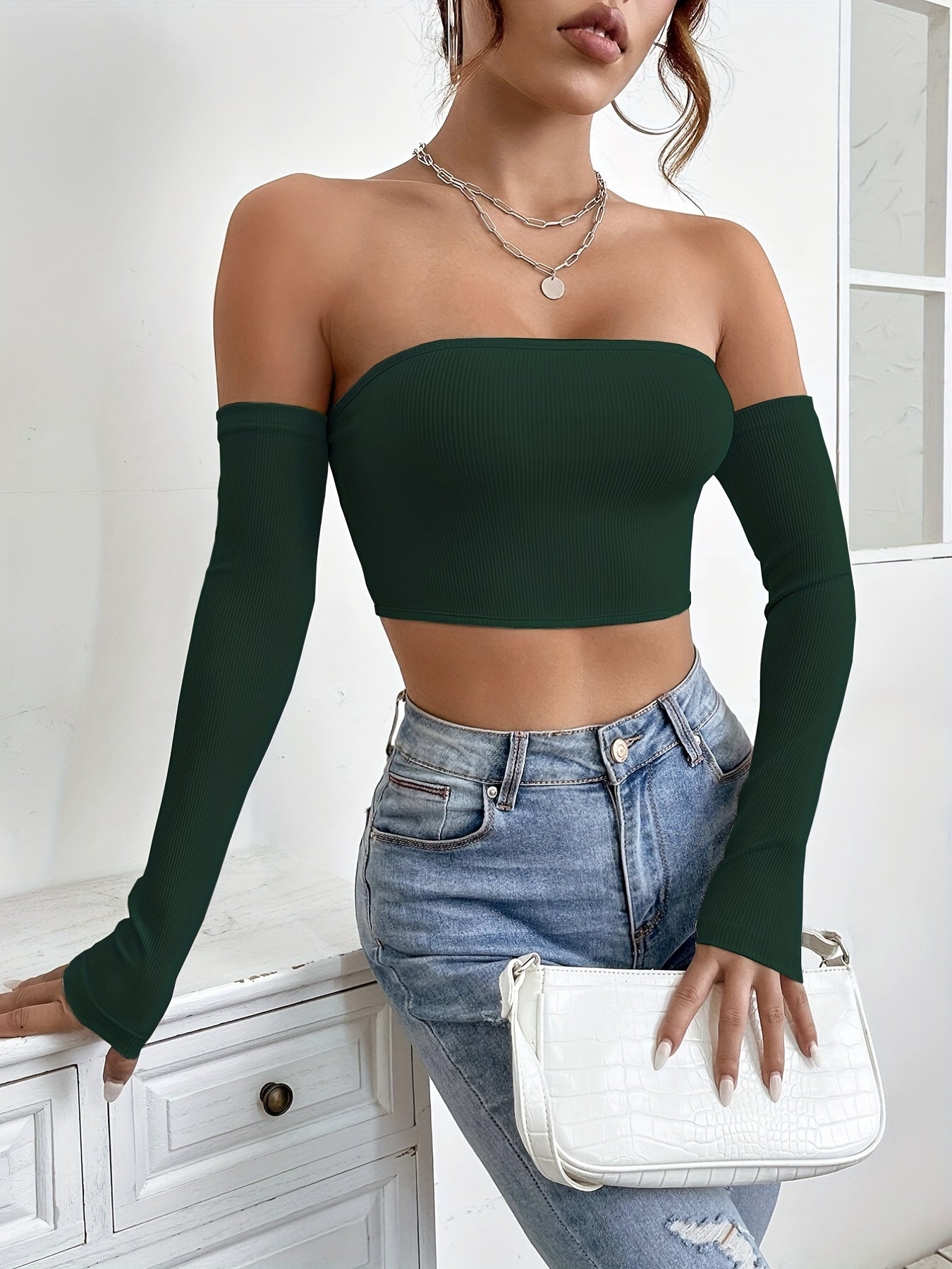 Women's Off-Shoulder Short Crop Top - Slim-Fit Sleeve Stretchy Shirt, Solid Black All-Season Versatile Top for Casual & Formal Outfits, Machine Washable Elegant Women's Fashion Apparel