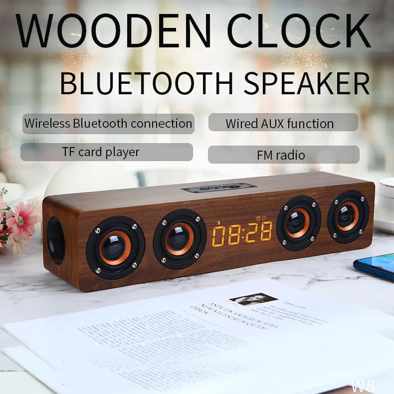 Wireless Bluetooth 5.0 Speakers For Computers Wooden Alarm Clock Display Sound System Player with AUX TF FM Radio Subwoofer Box