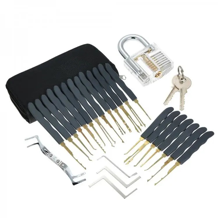 24pcs Locksmith Titanium Plating Tool Kit with Grey Handle Beginner and Locksmith Practice Picktools Padlock Professional Tools