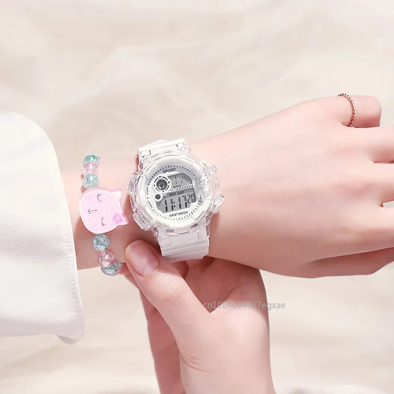 Children's Electronic Watch Teenage Couple Fashion Sports Multifunctional Watch and Acrylic Beaded Bracelet Set Gift for Kids