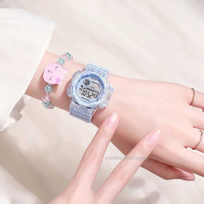 Children's Electronic Watch Teenage Couple Fashion Sports Multifunctional Watch and Acrylic Beaded Bracelet Set Gift for Kids