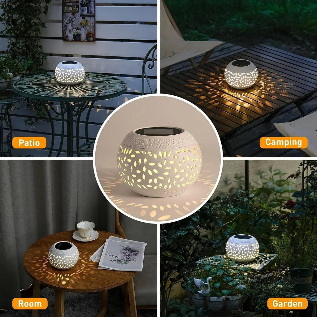 Solar desktop lamp, desktop lighting lamp, hollow metal lighting lamp, solar lamp, suitable for courtyards, gardens and lawns
